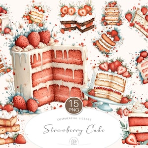 15 aardbeientaart clipart png – aquarel desserts, plakjes cake, bessen, zoete lekkernijen, afdrukbare bakkerijkunst, voedselillustratie
