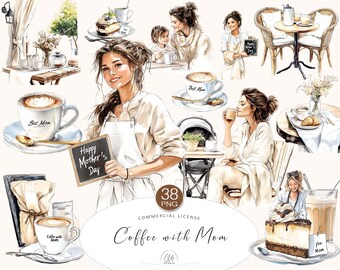 Coffee with Mom Clipart: Cozy Cafe PNG Illustrations (Digital Download)