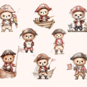 May include: Eight adorable brown teddy bears dressed as pirates with red and white striped shirts, black trousers, and black boots. Each bear is holding a pirate sword, a treasure chest, a map, or a telescope. The bears are standing on a white background.