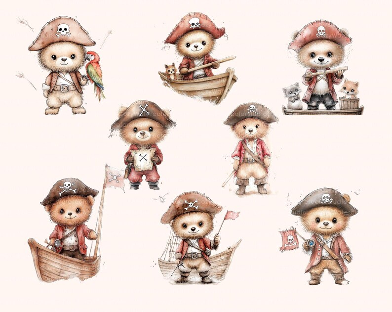 May include: Eight adorable brown teddy bears dressed as pirates with red and white striped shirts, black trousers, and black boots. Each bear is holding a pirate sword, a treasure chest, a map, or a telescope. The bears are standing on a white background.