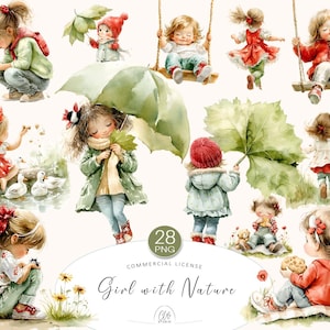 28 PNG Niña con Naturaleza Clipart • Conjunto de acuarela roja y verde para niños pequeños para scrapbooking, guardería y proyectos de otoño • Descarga instantánea