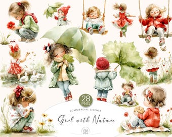 Watercolor Girl Clipart: Nature Toddler PNG Set (Digital Download)