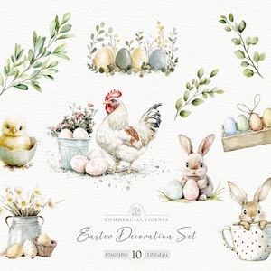 Ensemble de cliparts de Pâques | 10 PNG et JPG Lapin, Poussin, Coq, Oeufs | Illustrations numériques printanières | Téléchargement instantané, 300 ppp
