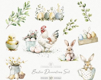 Easter Watercolor Clipart Set: Bunny, Chick, Rooster (Digital Download)