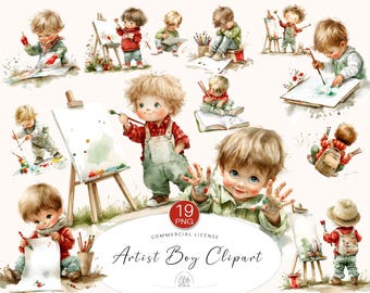 Boy Painting Clipart: Artist Kids PNG Set (Digital Download, Commercial Use OK)