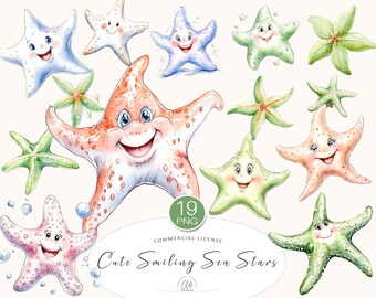 Watercolor Starfish Clipart – Smiling Sea Stars PNG, Kids Beach Art (Digital Download)