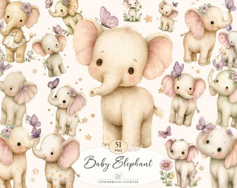 51 Baby Elephant Clipart | Cute Watercolor Elephants with Butterflies PNG
