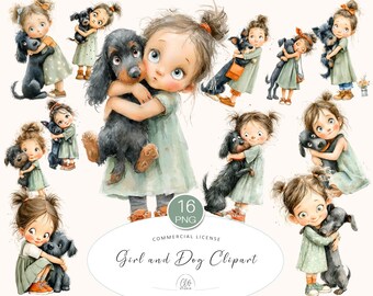 Watercolor Girl and Dog Clipart: Nursery Art Illustrations (PNG Download)