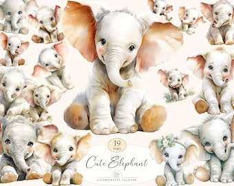 Watercolor Baby Elephant Clipart: Jungle Animals PNG (Digital Download)