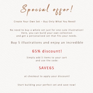 Puede incluir: Un anuncio gr&aacute;fico basado en texto anuncia una oferta especial para comprar ilustraciones. El anuncio dice "&iexcl;Oferta especial! &iexcl;Crea tu propio conjunto - &iexcl;Compra solo lo que necesitas!" y ofrece un descuento del 65% al comprar 5 ilustraciones. El c&oacute;digo de descuento es SAVE65.