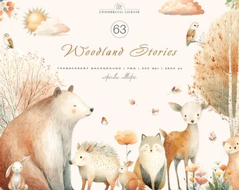 63 Woodland Animals Clipart Set | Forest Animals PNG | Deer, Fox, Bear, Bunny, Hedgehog | Nursery, Scrapbooking, Crafts