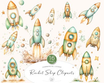 Pastel Rocket Ship Clipart: Space Theme PNG Graphics (Digital Download)