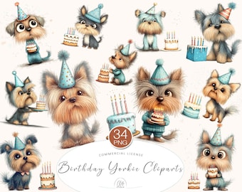 34 Birthday Yorkie Cliparts PNG | Cute Dogs with Cakes & Party Hats for Dog Birthday Decor, Cards, Scrapbooking, Sublimation Projects