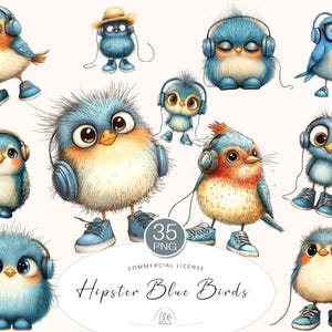 35 imágenes prediseñadas de pájaros geniales PNG / Pájaros azules hipster con auriculares y zapatillas para decoración infantil, scrapbooking, fiestas y proyectos musicales