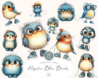 35 Cool Birds Cliparts PNG | Hipster Blue Birds with Headphones and Sneakers for Kids Decor, Scrapbooking, Party & Music Projects