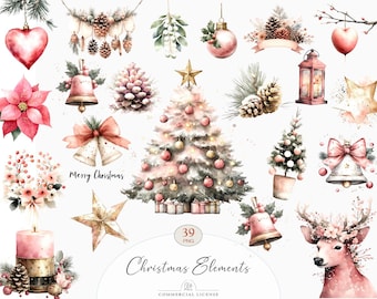 39 Christmas Elements Clipart | Watercolor Pink Holiday Decor PNG, Elegant Xmas Collection