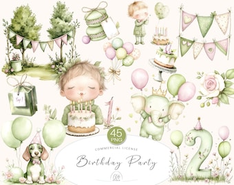 45 Watercolor Birthday Party Clipart Set | Green & Pink Kids Party PNG Elements | Instant Download