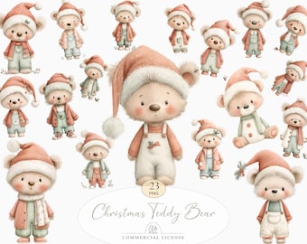 Holiday Bear Clipart Cute Christmas Teddy PNG, Winter Baby Bear Illustrations | Pastel Kids Art | Nursery Prints | Kawaii Winter Animals Set