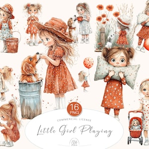 Conjunto de 16 imágenes prediseñadas de niña pequeña / Linda niña con vestido rojo, perro, globos y juguetes PNG para manualidades y tarjetas / Descarga instantánea