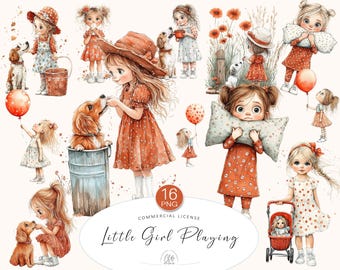 Girl Clipart Set: Red Dress, Dog, Balloons (PNG Instant Download)