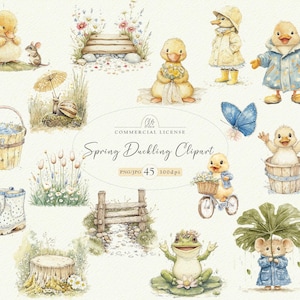 Set di clipart di anatroccolo primaverile - 45 pulcini e animali da fattoria acquerellati - Stile cottagecore vintage per baby shower e decorazioni per la cameretta dei bambini