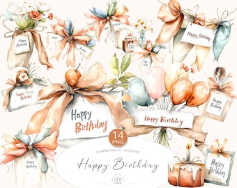 Watercolor Birthday Clipart: Elegant Balloons, Gifts, and Cards (PNG Instant Download)