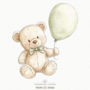 Clipart de urso de pelúcia aquarela, urso bebê fofo PNG JPG, ilustração de brinquedo de pelúcia macio, arte de balão pastel, sublimação de berçário, arte de parede infantil