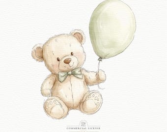 Watercolor Teddy Bear Clipart: Baby Bear with Pastel Balloon (PNG JPG)