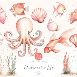 15 Underwater Life Clipart Set | Pink Ocean Animals, Shells and Sea Plants PNG for Sublimation & Crafts | Instant Download