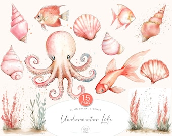 Watercolor Underwater Clipart Set: Pink Ocean Animals, Sea Shells (PNG Instant Download)