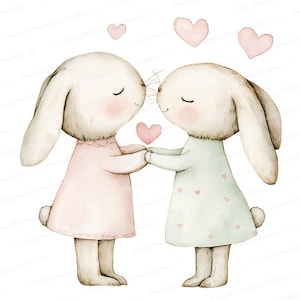 8 Clipart de coelho romântico | Casal de coelhos em aquarela | Arte fofa para o dia dos namorados | Decoração de chá de bebê e impressão de parede para quarto infantil JPG