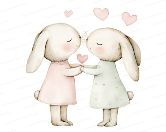 Watercolor Bunny Couple Clipart: Romantic Valentine's Art (JPG)