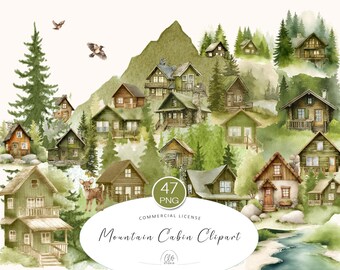 Watercolor Mountain Cabin Clipart: Forest Cottage PNG Set (Digital Download)