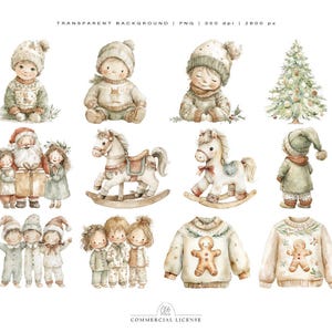 Pode incluir: Ilustra&ccedil;&otilde;es em aquarela com tema natalino. A imagem apresenta beb&ecirc;s com roupas de inverno, uma &aacute;rvore de Natal, Papai Noel com crian&ccedil;as, cavalos de balan&ccedil;o, crian&ccedil;as de pijama e desenhos de su&eacute;teres de biscoito de gengibre. As ilustra&ccedil;&otilde;es t&ecirc;m uma paleta de cores suaves e pastel.
