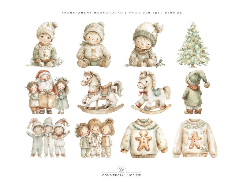 Pode incluir: Ilustra&ccedil;&otilde;es em aquarela com tema natalino. A imagem apresenta beb&ecirc;s com roupas de inverno, uma &aacute;rvore de Natal, Papai Noel com crian&ccedil;as, cavalos de balan&ccedil;o, crian&ccedil;as de pijama e desenhos de su&eacute;teres de biscoito de gengibre. As ilustra&ccedil;&otilde;es t&ecirc;m uma paleta de cores suaves e pastel.