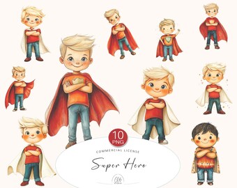 10 Superhero Boy Clipart Set | Cute PNG Illustrations for Kids’ Projects, Invitations, Sublimation | Instant Download