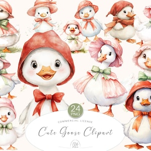 Conjunto de 24 cliparts fofos de ganso PNG | Ilustrações de animais de fazenda em tons pastel com chapéus e laços | Download instantâneo