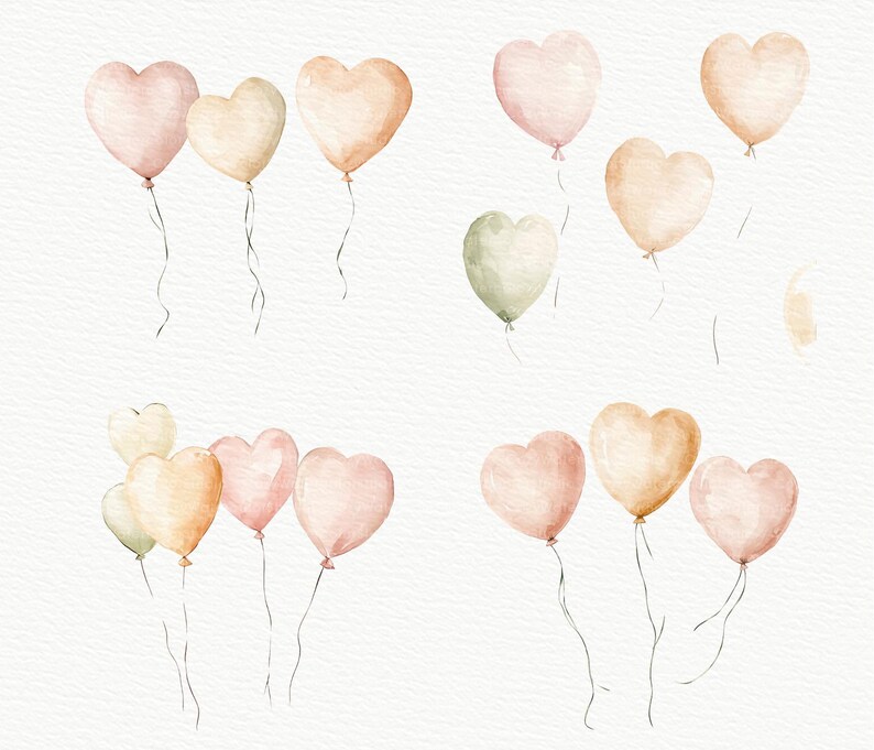 Watercolor Heart Balloons Clipart - 10 PNG JPG - Valentine’s, Wedding ...