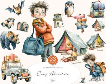 Watercolor Camping Clipart: Adventure Boy, Tent, Animals (PNG Digital Download)