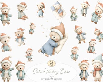 Christmas Bear Clipart Cute Holiday Teddy PNG | Winter Baby Bear Illustrations | Pastel Xmas Animals | Nursery Art | Kawaii Teddy Set