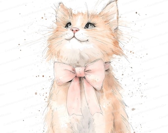 Watercolor Cat Clipart: Pink Bow, Nursery Art (JPG)