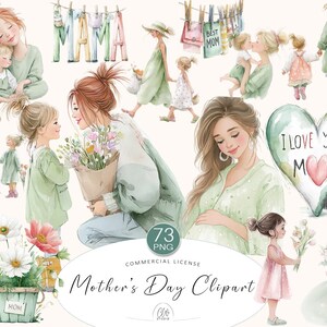 73 PNG Clipart per la festa della mamma • Illustrazioni ad acquerello di tenera mamma e bambino • Arte dell'amore familiare pastello • Download immediato