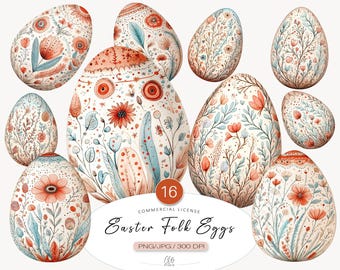 Folk Floral Easter Egg Clipart: Vintage Watercolor Spring Designs (PNG JPG)