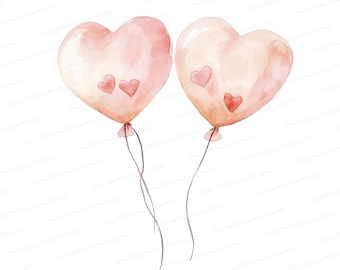 Watercolor Heart Balloons Clipart: Valentine's Day Decoration (Digital Download)