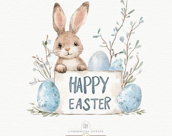 Watercolor Easter Bunny Clipart - Cute Rabbit with Eggs - Spring Digital Download - 10 PNG Files for Sublimation & DIY Projects