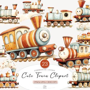 May include: A set of 10 watercolor illustrations of cute cartoon trains in various colors and designs. The trains have different shapes and sizes, with some having smiling faces and others having more whimsical details. The illustrations are perfect for adding a touch of whimsy to any project.