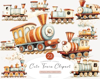 Watercolor Train Clipart Set, Scrapbooking, Nursery Art (PNG JPG)