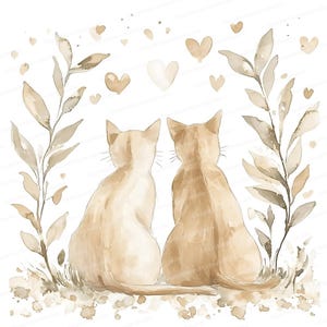 9 imágenes prediseñadas de pareja de gatos en acuarela / Arte romántico para el día de San Valentín / Descarga digital para proyectos de bricolaje para bodas o amor JPG