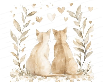 Watercolor Cat Couple Clipart: Valentine's Day Art (Digital Download)