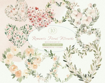 Watercolor Floral Heart Wreaths Clipart: Romantic PNG Set (Commercial License)